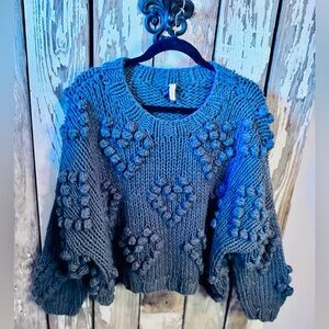 Wishlist Heart sweater S/M dark gray Valentines Day knit Pom Pom Sweater